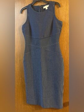 Michael Kors Navy Pinstripe Strapless Sheath Dress